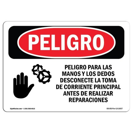 SIGNMISSION OSHA Sign, Finger, Hand Hazard Spanish, 24in X 18in Aluminum, 24" W, 18" H, Hand Hazard Spanish OS-DS-A-1824-LS-1657